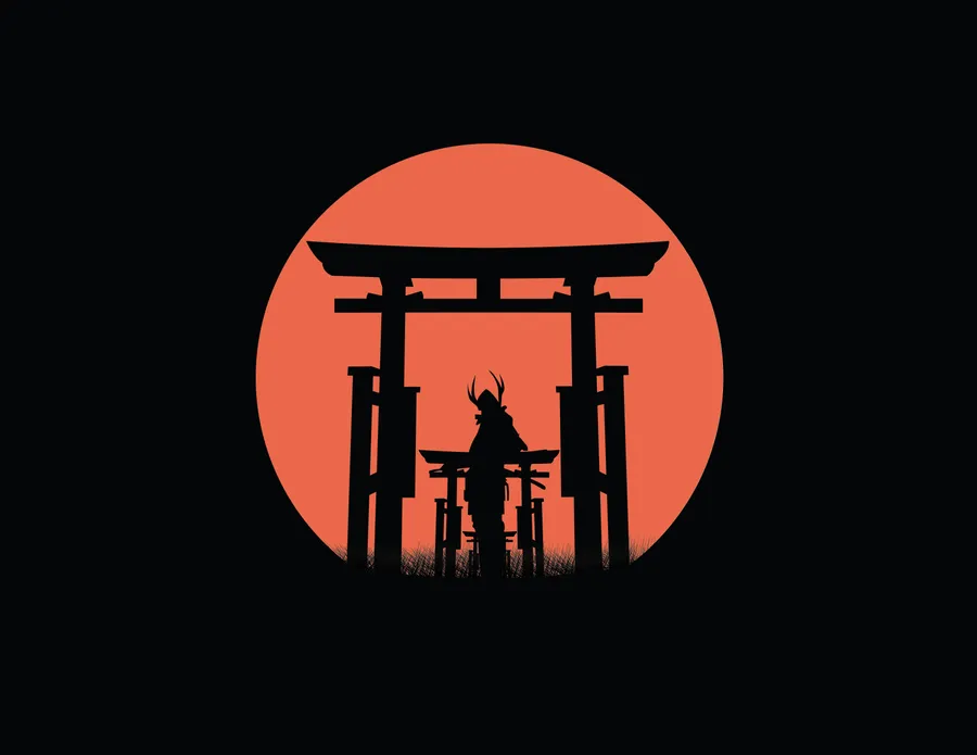 samurai,torii gate,Japanese art,silhouette,rising sun,Japan culture,warrior,traditional Japan,sunset background,minimal art,samurai wallpaper