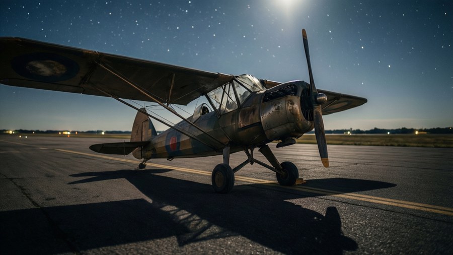 Dusty Crophopper sits alone on a runway at night under the stars, evoking a moody and determined atmosphere.