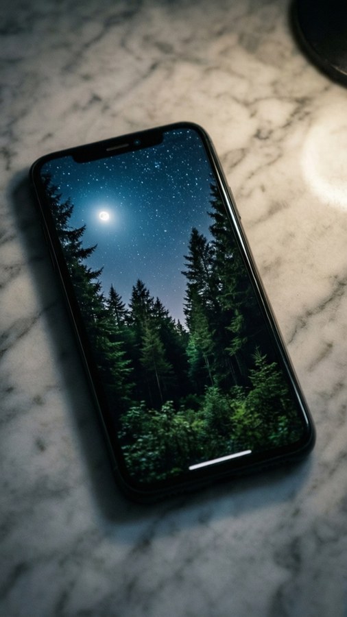 iPhone 11 on marble with night sky wallpaper
