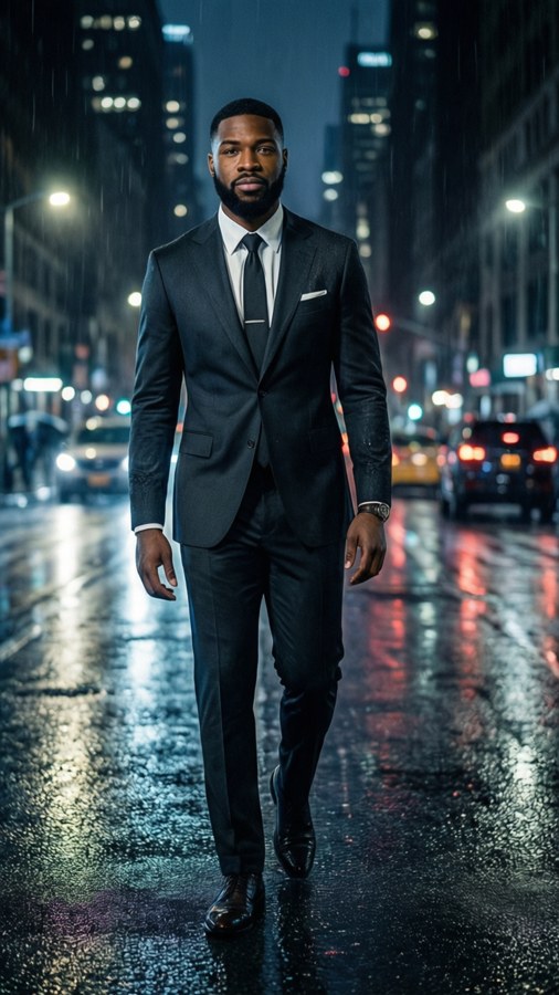 Towns in a suit walking on a rainy city street