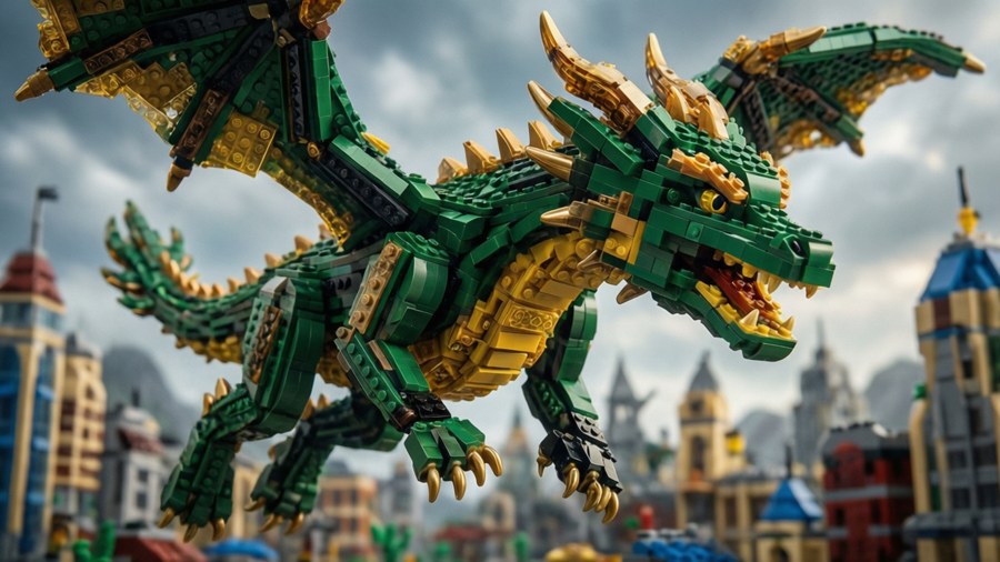 Majestic wallpaper of a dragon flying over Ninjago City