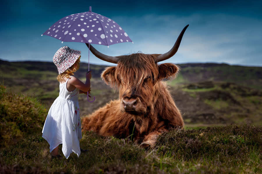 Ragazza con Ombrello e Mucca Highland