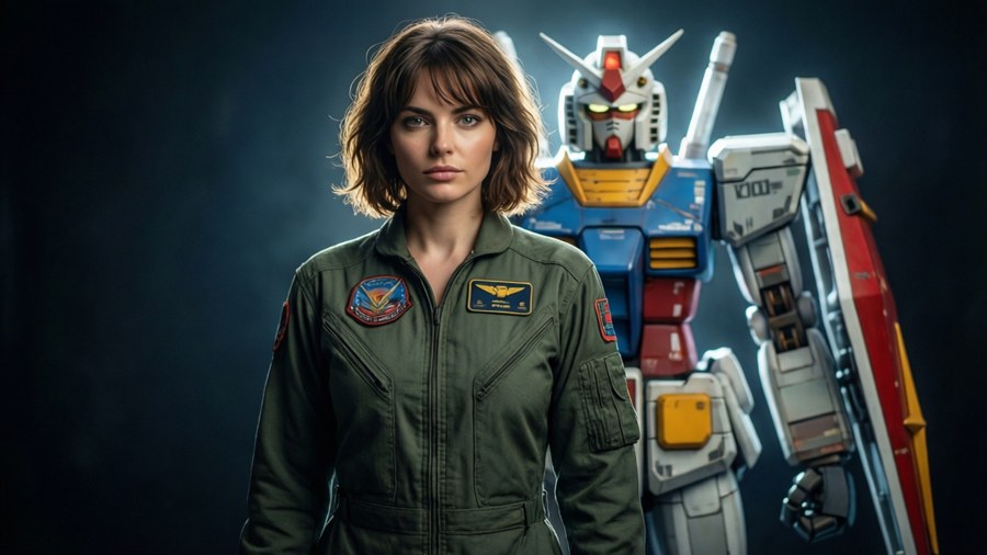 Lucrezia Noin standing before a Gundam in dramatic lighting