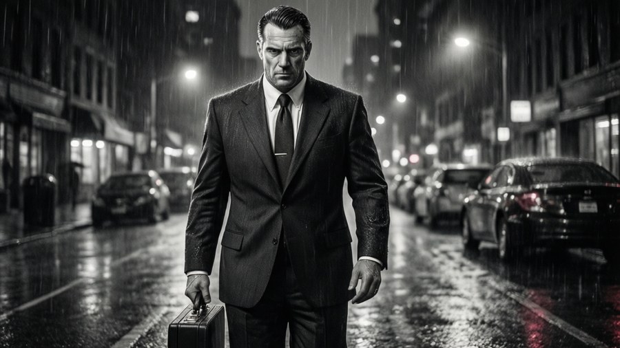 200 Pump character in a noir scene walking in rain.