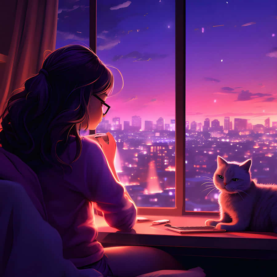 Lofi Tjej Studerar med Katt vid Solnedgång
