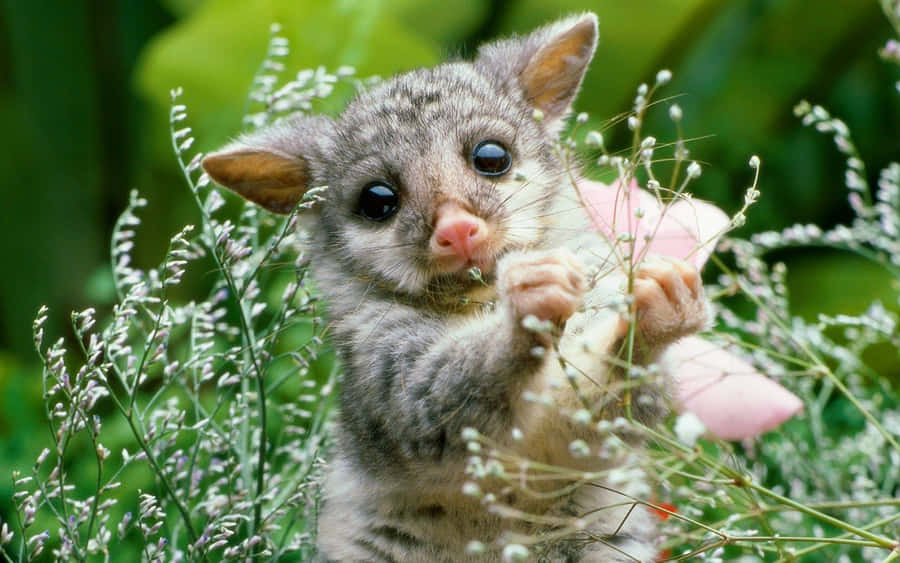Unpiccolo opossum sta giocando con un fiore