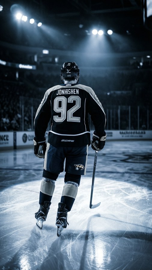 Moody back view of Ryan Johansen skating for Nashville Predators.