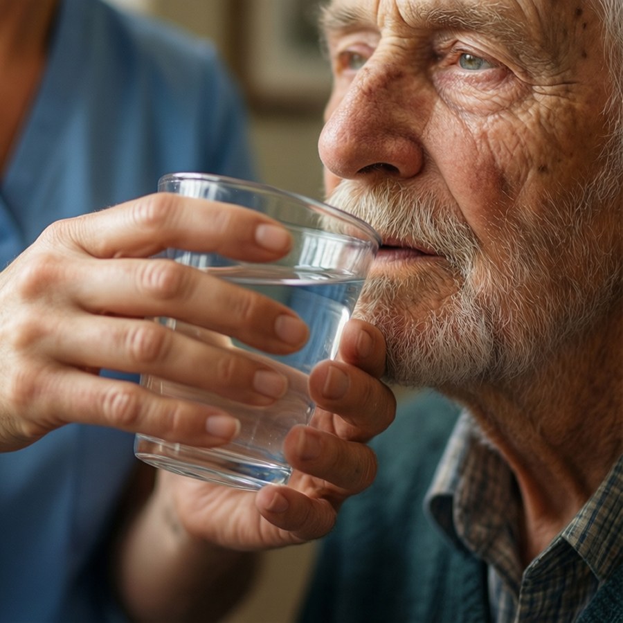 Close-up of caregiver hands giving water to an elderly person
