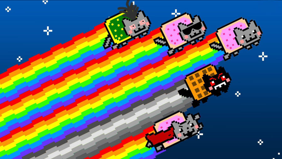 Multiple happy nyan cats meme flying over the rainbow in a blue background with stars.