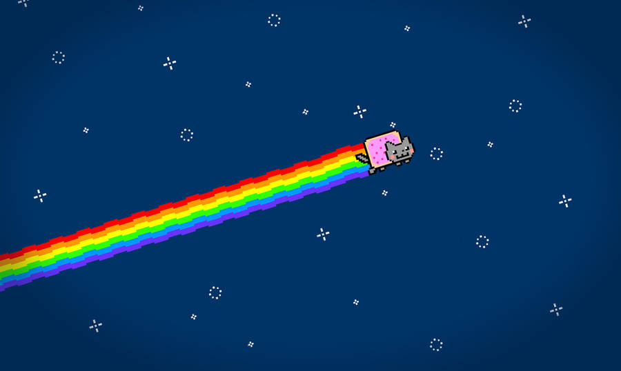 Happy nyan cat meme flying over the rainbow in a blue background with stars.