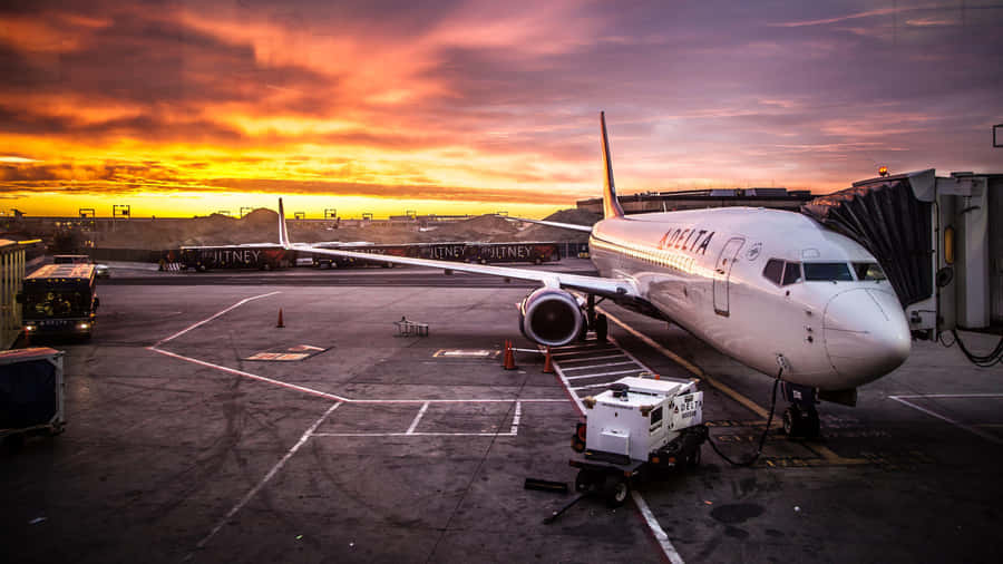 Sonnenuntergang Delta Flugzeug am Gate