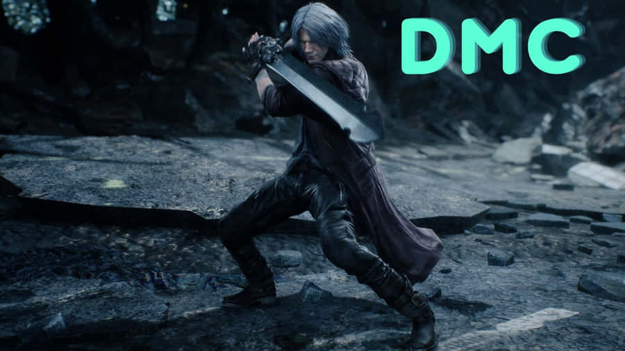 Dante, the protagonist from the Devil May Cry series, in a dynamic fighting pose, wielding his signature sword Rebellion.