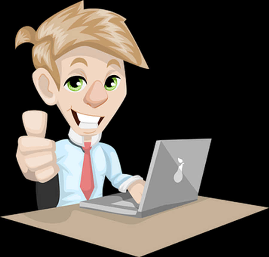 Happy Cartoon Businessman Laptop Thumbs Up