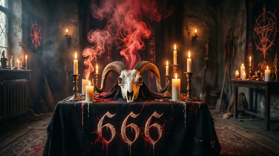 Ett demoniskt altare med en vädurskalle, ljus och siffran 666 i ett mörkt ritualrum.