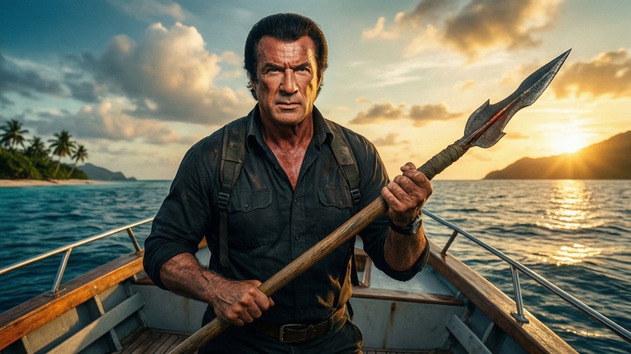 Steven Seagal on boat with harpoon, ocean sunset.