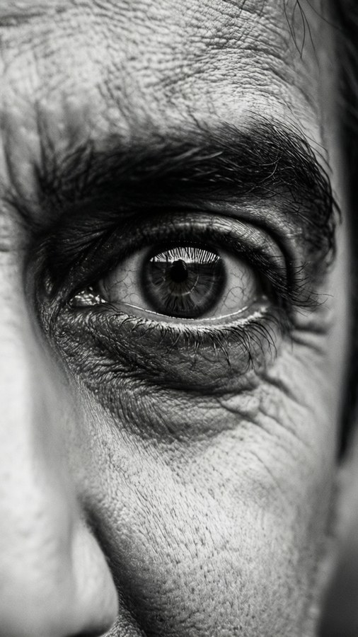 Een extreme close-up van de ogen van Amitabh Bachchan in artistiek zwart-wit.