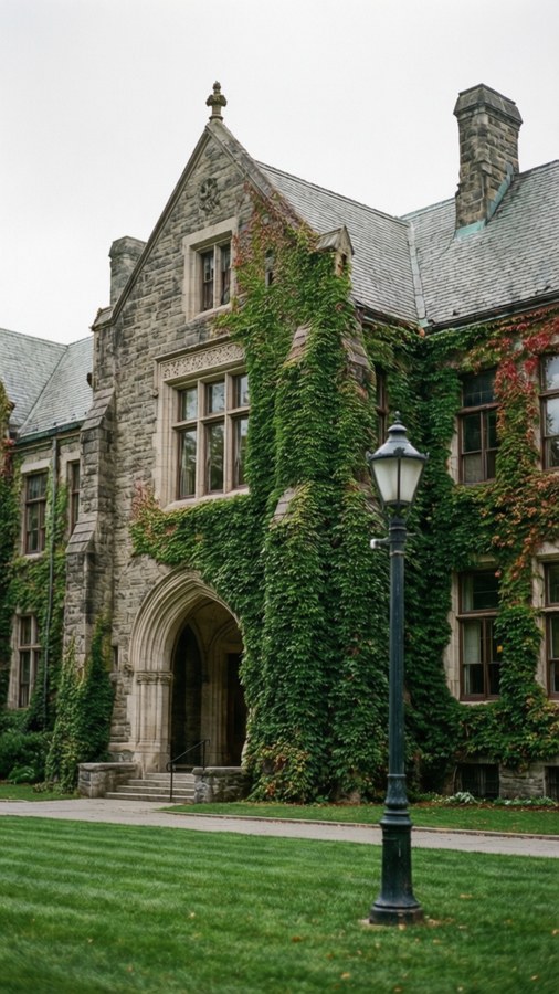 Edificio storico ricoperto di edera nel campus UBC
