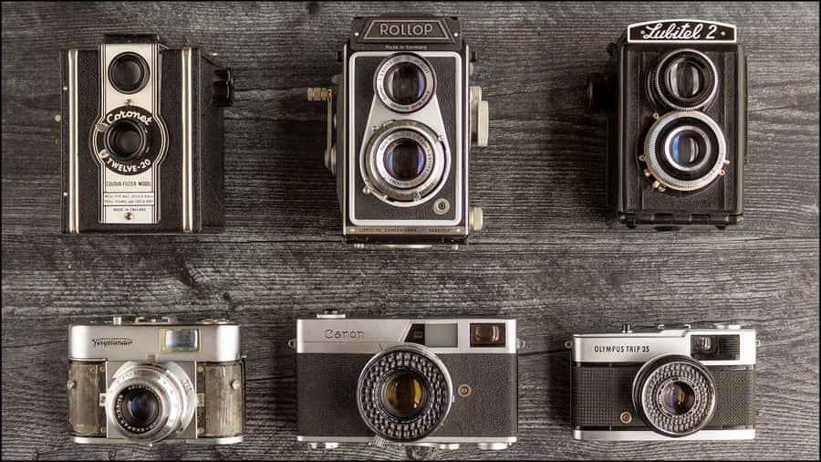 eineGruppe von Vintage-Kameras auf einer Holzoberfläche