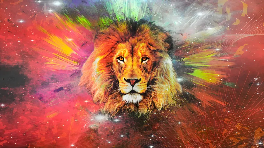 A mesmerizing galaxy lion wallpaper displays a lion's portrait set against an orange galaxy, illuminated by neon green light rays.
