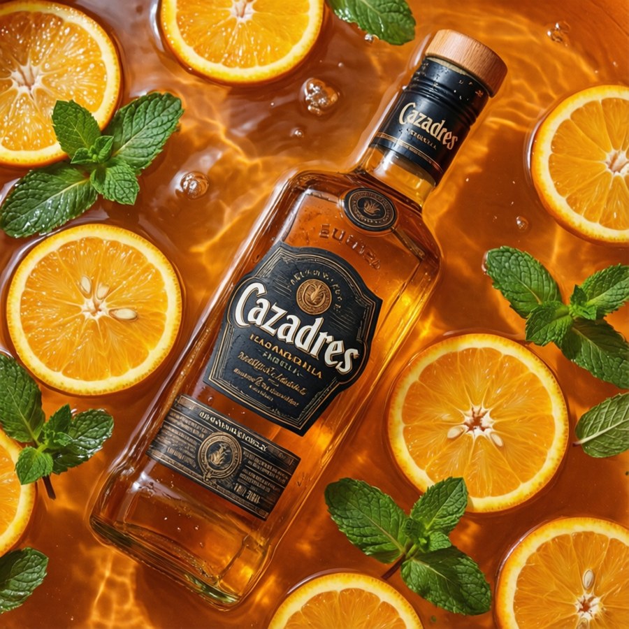 Cazadores Tequila bottle floating in orange water with fruit
