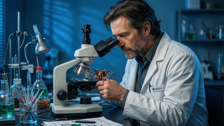 A scientist at Oscorp studying a spider in a high-tech lab.