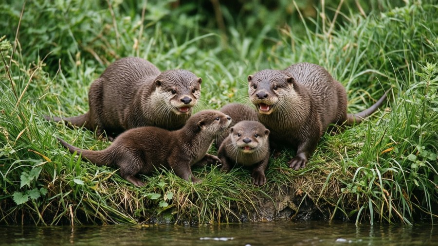 A playful otter family on a riverbank.