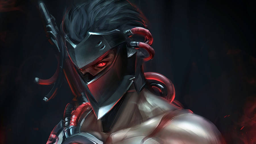 Download Overwatch, Genji, Red Eyes, Mask, Painting Wallpaper