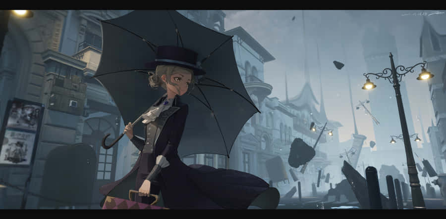 Dama Vitoriana com Guarda-Chuva em Paisagem Urbana Surreal