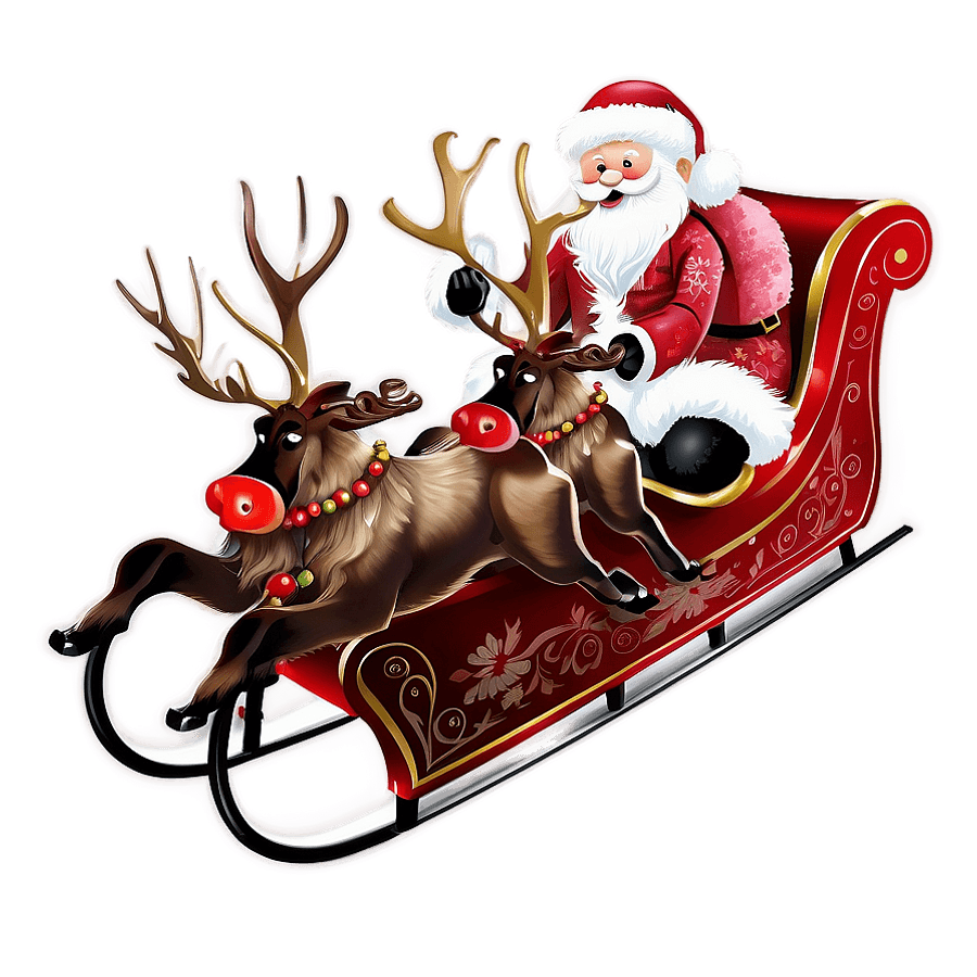 Flying Santa Sleigh and Reindeer Clipart PNG 06282024