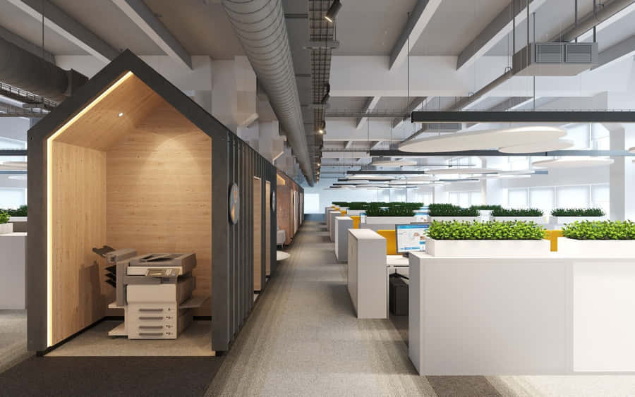 EinBüro mit einem Holzschreibtisch und Pflanzen.