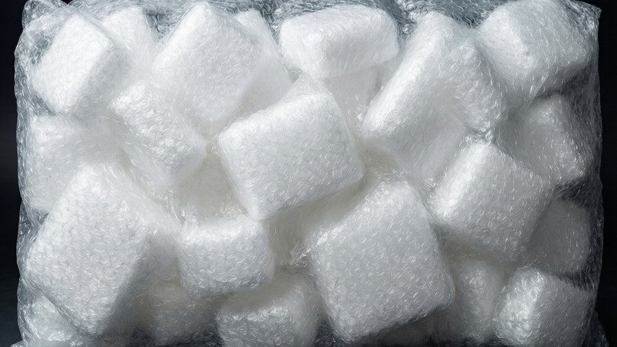 Abstract close-up of white polyurethane packaging foam with studio lighting.