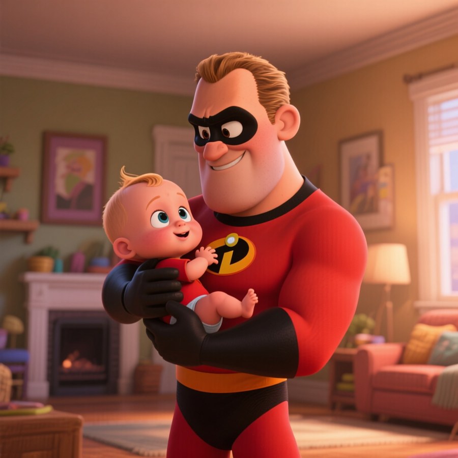 Un momento tenero di Mr. Incredible con il suo bambino Jack-Jack.