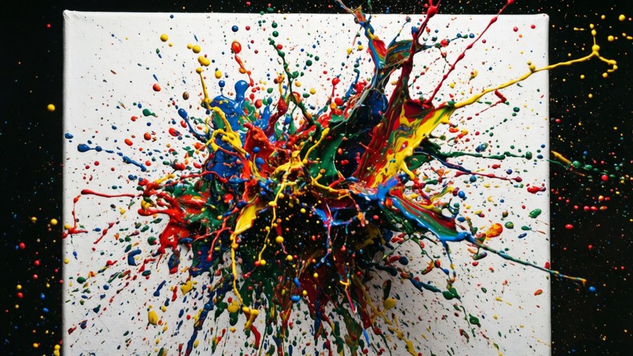 A dynamic close-up of colorful paint splatter on a white canvas.