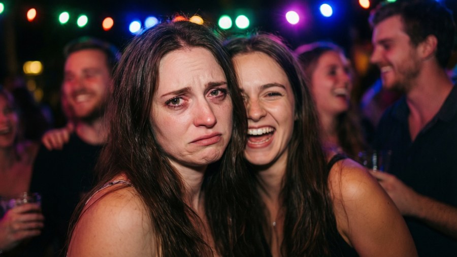 Uma adolescente em uma festa, rindo, mas com olhos tristes.