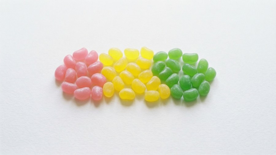 Et minimalistisk fladt layout af pastel Android-gelébønner arrangeret i en farvegradient.