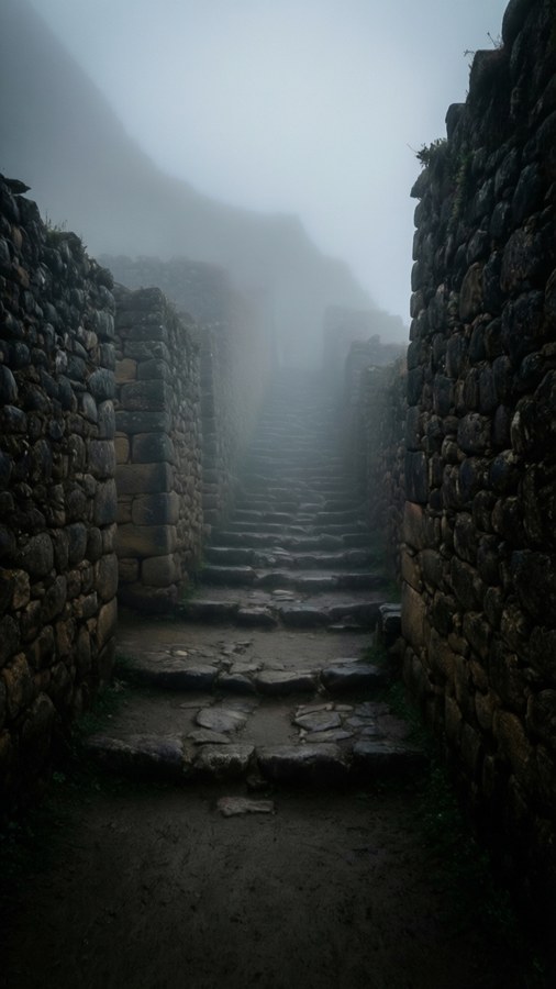 Mysterious foggy pathway at Ollantaytambo.