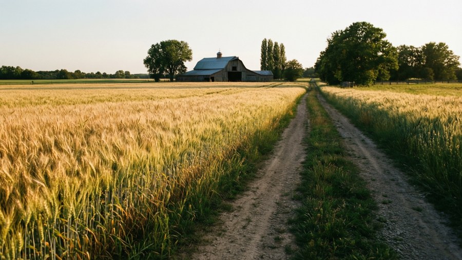 Zandpad door tarweveld naar schuur