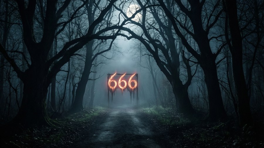Um caminho na floresta com placa 666 brilhante, wallpaper de terror misterioso