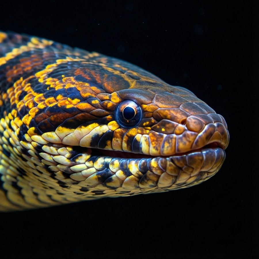 Viper moray eel macro shot with vivid colors on black