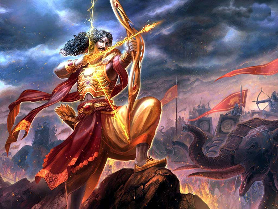 Krishna,Arjuna, Ghandiva Bogen und Pfeil