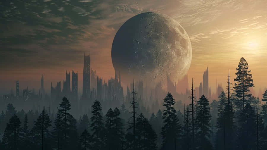 Mystischer Monduntergang über futuristischer Stadtansicht