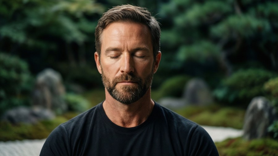 Clayton Guida méditant dans un jardin zen, calme et paisible.