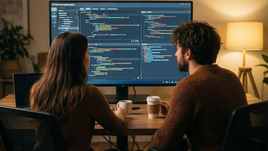 Sesi coding kolaboratif dengan dua pengembang di tempat kerja.