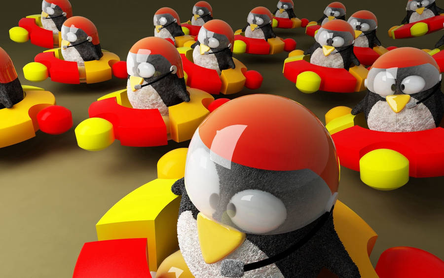 Penguins Ride On Ubuntu Logo 3D wallpaper