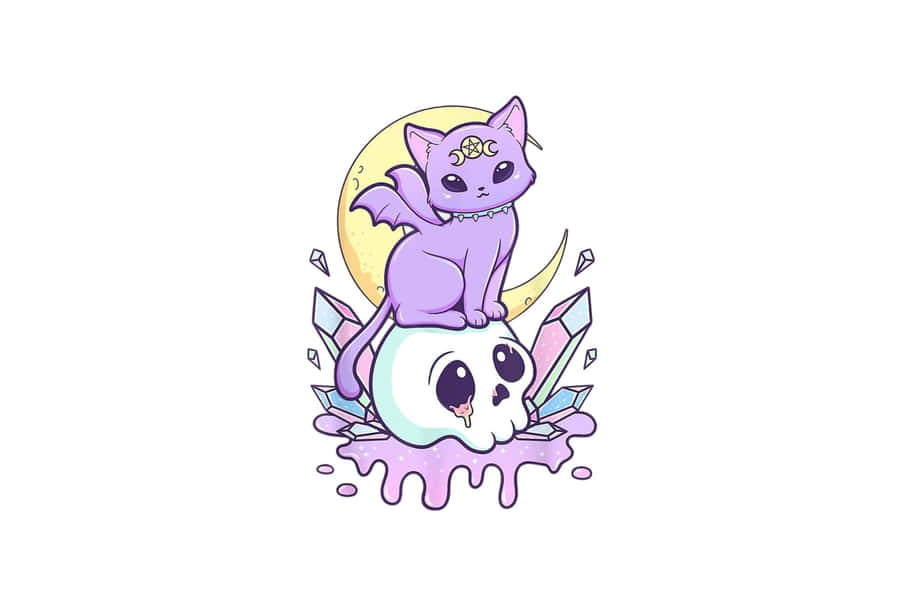 Illustrazione di un Gatto Viola Seduto su un Teschio