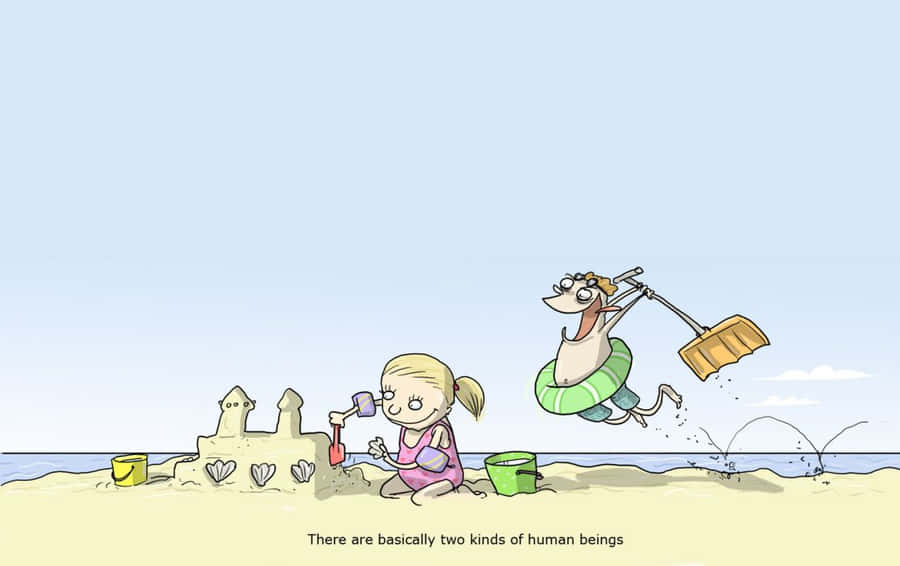 EineZeichentrickfigur eines Mädchens und Jungen, die am Strand spielen