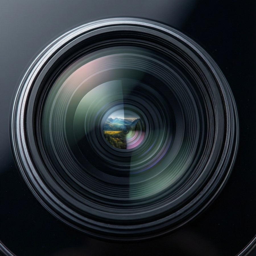Macro close-up of a smartphone camera lens with landscape reflection.