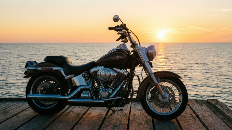 Sebuah motor chopper di dermaga dengan matahari terbenam di laut yang memantul di air