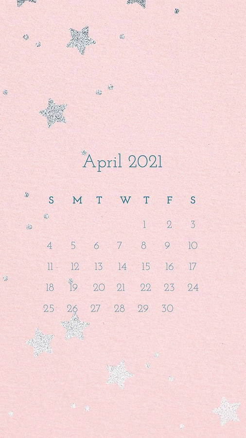 Pink Aesthetic April 2021 Calendar wallpaper with silver stars