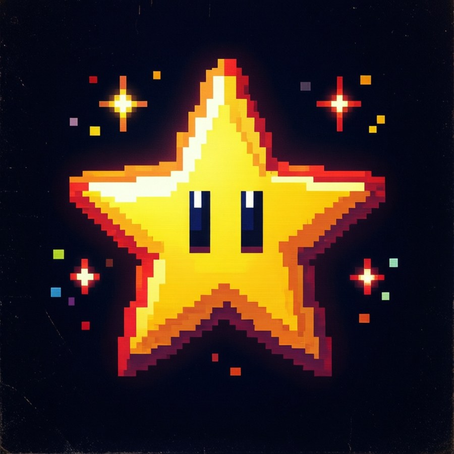 Retro pixel art Mario Star on a dark background with sparkles.